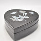 Vintage Black Lacquer Heart Shaped Mother of Pearl Jewellery Box Trinket Box