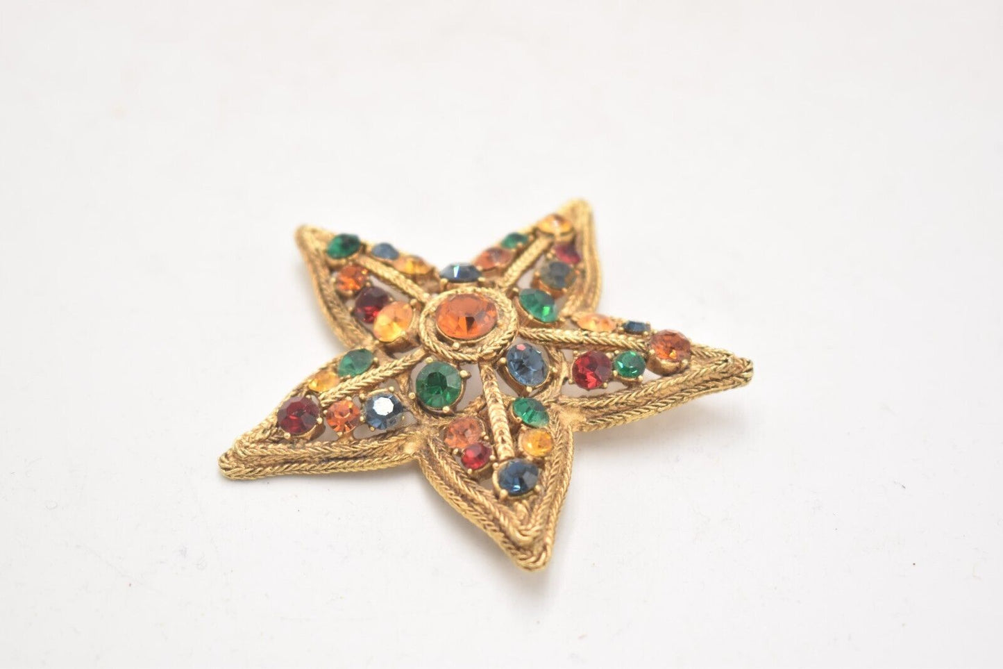 Vintage 1950s La Roco Star Brooch Colourful Jewel Tone Rhinestones Gold tone