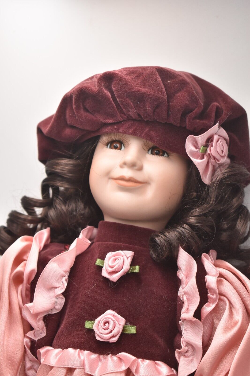 Vintage Porcelain Doll Brown Hair, Brown Eyes and Pink Silk Dress