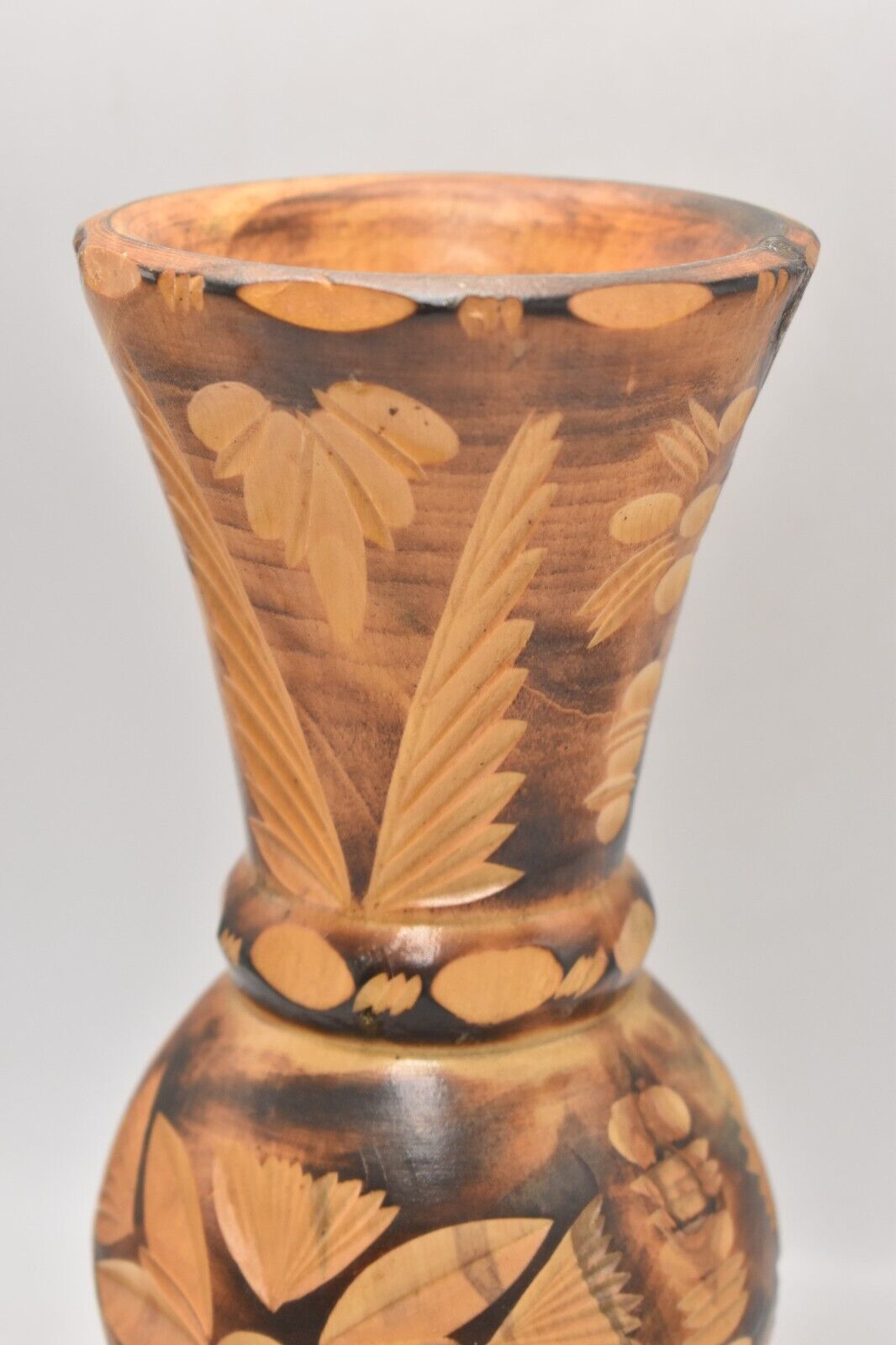 Vintage Wooden Trumpet Vase 25cm Hand Carved Decorative