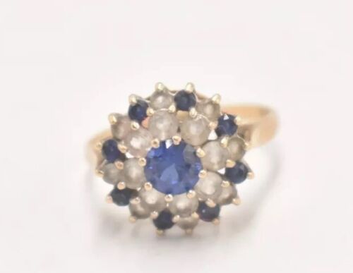 Vintage 9ct Yellow Gold Sapphire & Cubic Zirconia Cluster Cocktail Ring – Size P