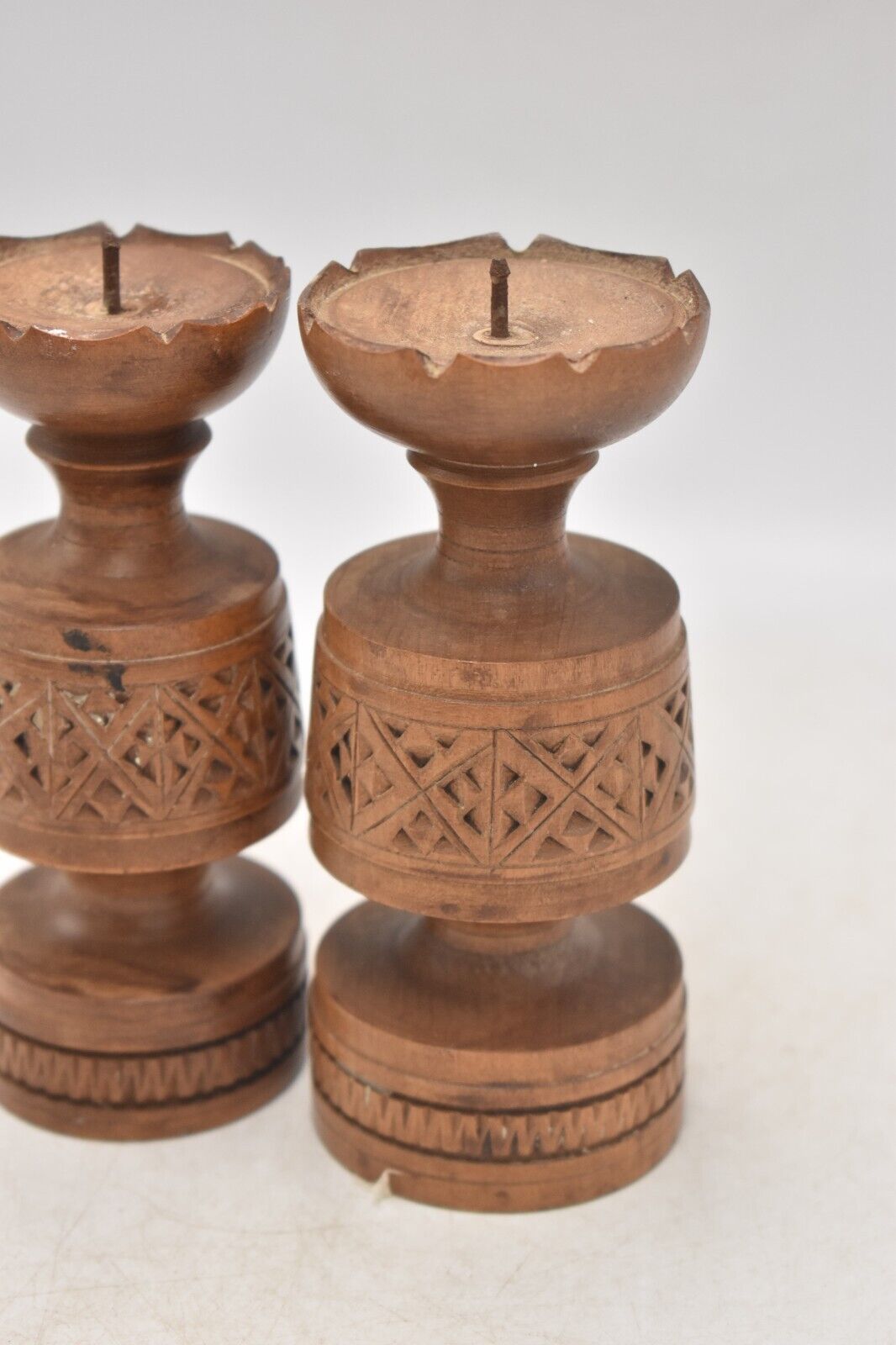 Vintage Rustic Set of 2 Wooden Tealight Holders Handcarved Decorative