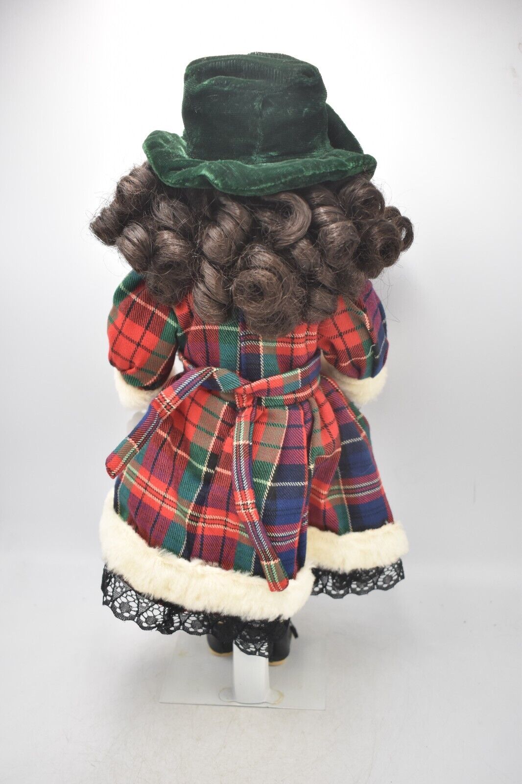 Vintage Porcelain Doll Brown Hair, Green Eyes and Tartan Dress