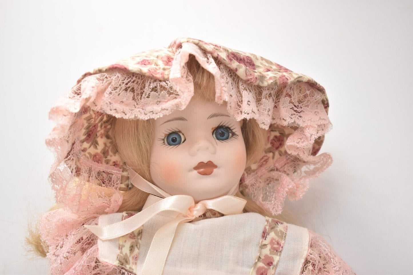 Vintage Porcelain Doll and Baby Doll Blonde Hair, Blue Eyes and Pink Dress