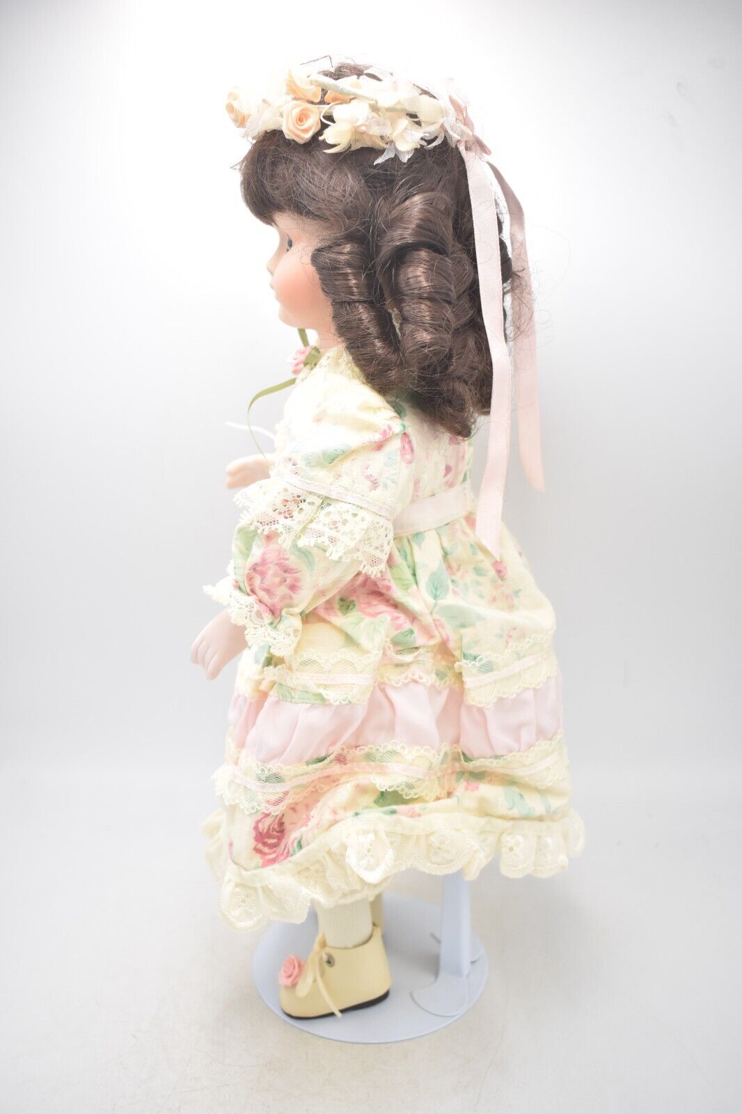 Vintage Porcelain Doll Brown Hair, Brown Eyes and Floral Dress