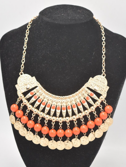 Vintage Cleopatra Style Statement Beaded Necklace Orange & Gold Tone Ladies