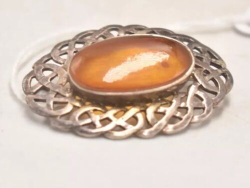 Vintage Oval Baltic Amber Brooch in Silver Coloured Setting