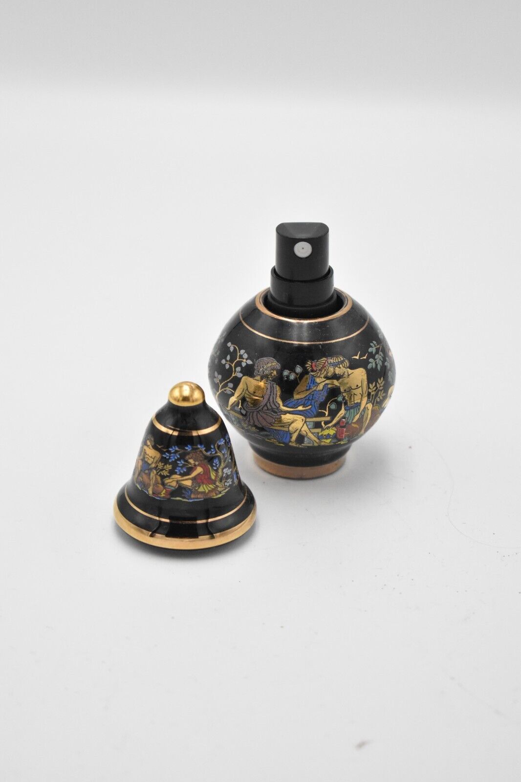 Vintage Painted Enamel Decorative Perfume Bottle Greek Mythology Black