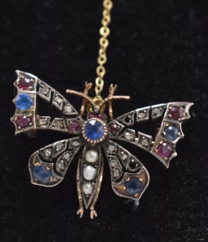 Antique Victorian 9ct Gold Butterfly Brooch with Diamonds, Sapphires, Rubies