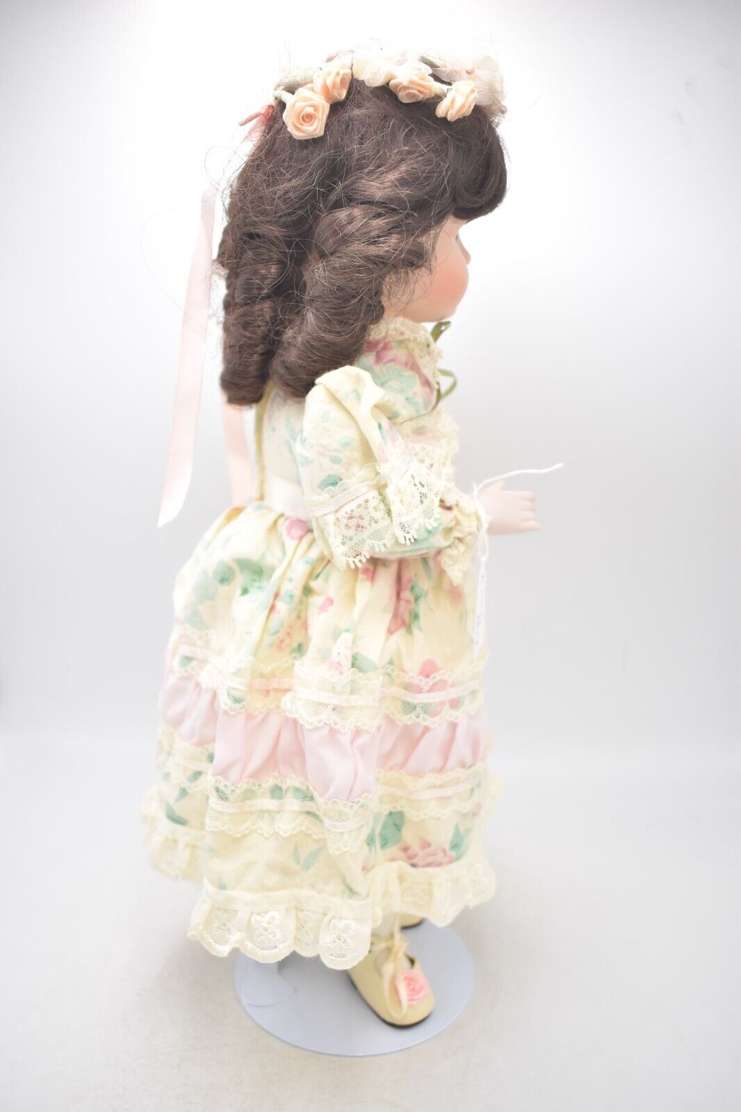 Vintage Porcelain Doll Brown Hair, Brown Eyes and Floral Dress