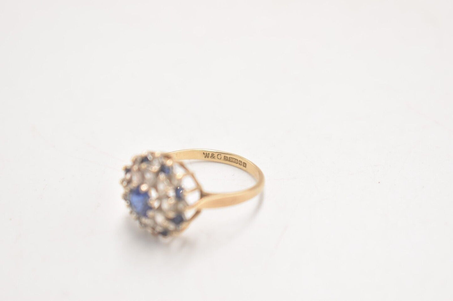 Vintage 9ct Yellow Gold Sapphire & Cubic Zirconia Cluster Cocktail Ring – Size P