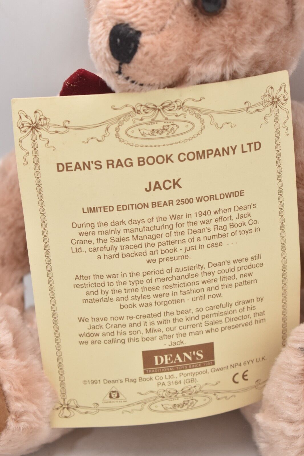 Deans Rag Book Co Jack Teddy Bear Growler Limited Edition Retired