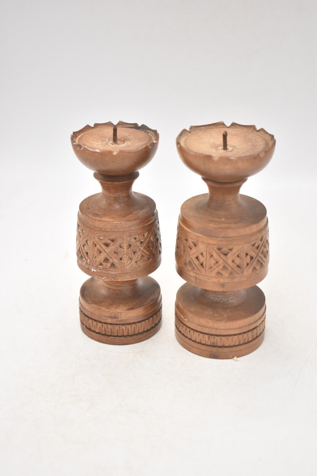 Vintage Rustic Set of 2 Wooden Tealight Holders Handcarved Decorative