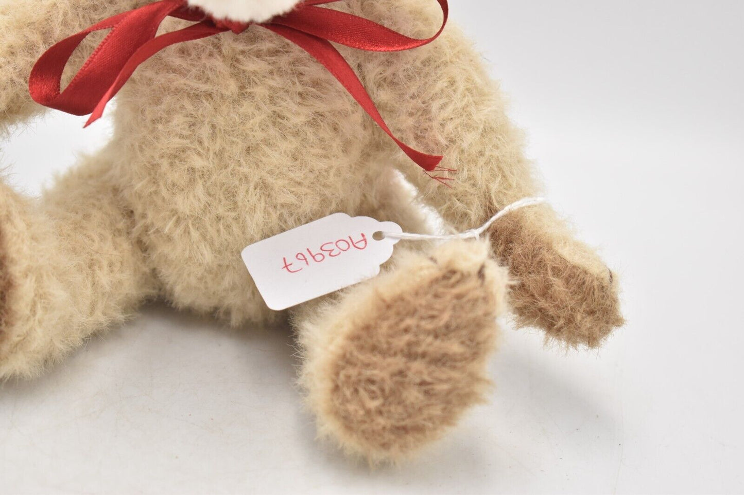 Hermann Cream and Brown Mohair Teddy Bear with Red Bow