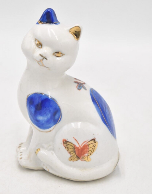 Vintage Cat Figurine Statue Ornament Blue, White and Gold