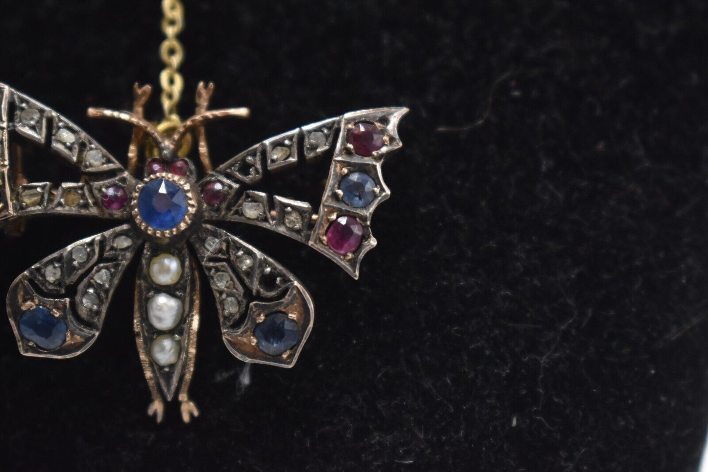 Antique Victorian 9ct Gold Butterfly Brooch with Diamonds, Sapphires, Rubies