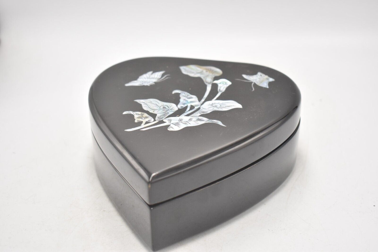 Vintage Black Lacquer Heart Shaped Mother of Pearl Jewellery Box Trinket Box