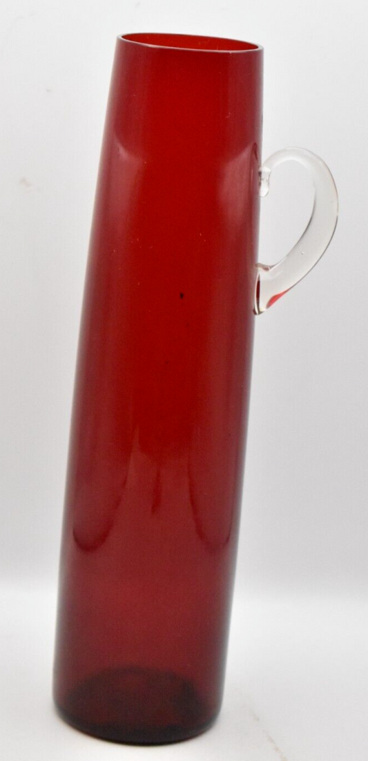 Vintage Studio Art Glass Long Red Vase with Handle Decorative