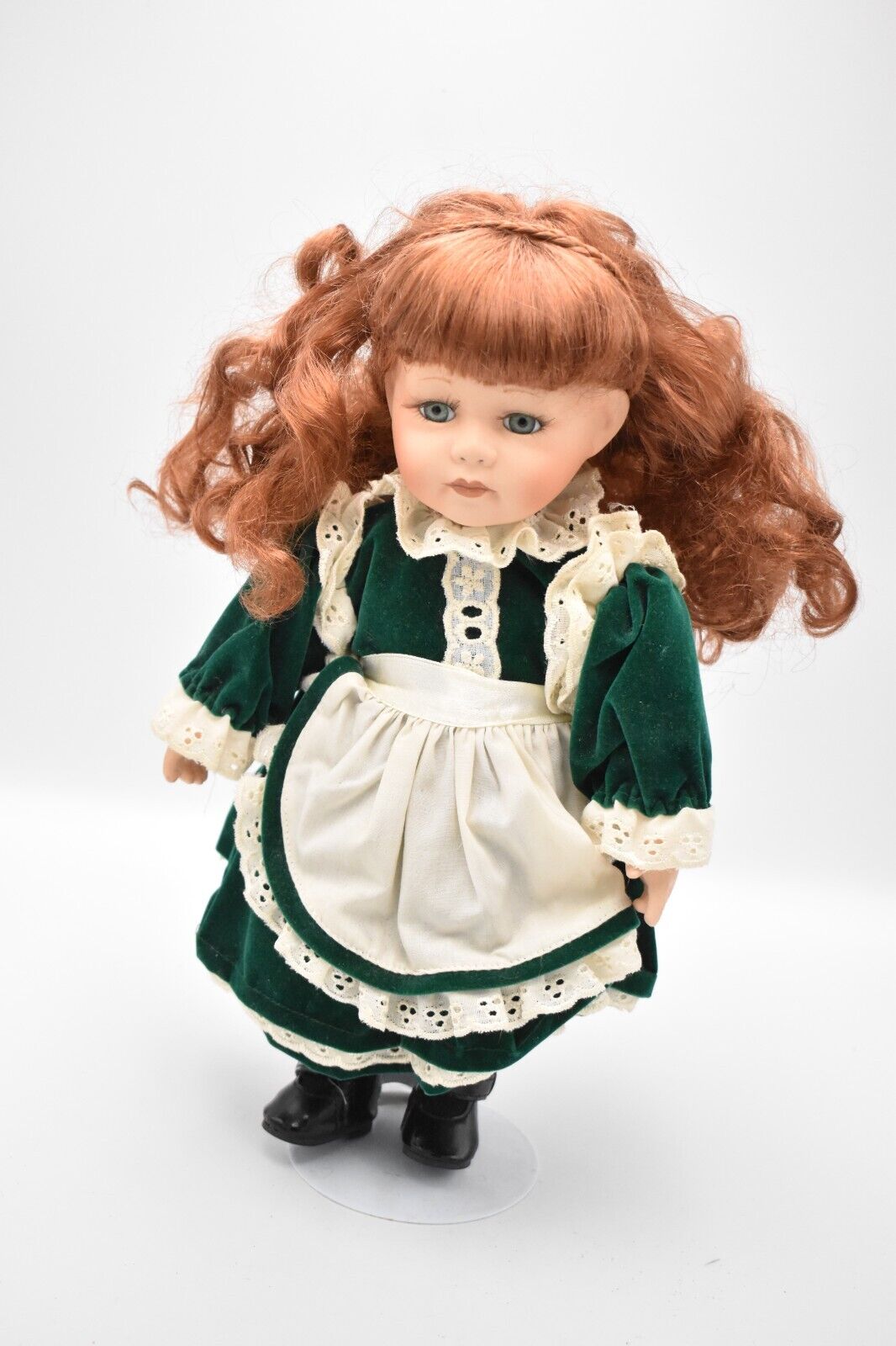 Vintage Porcelain Doll Ginger Hair and Green Velvet Dress