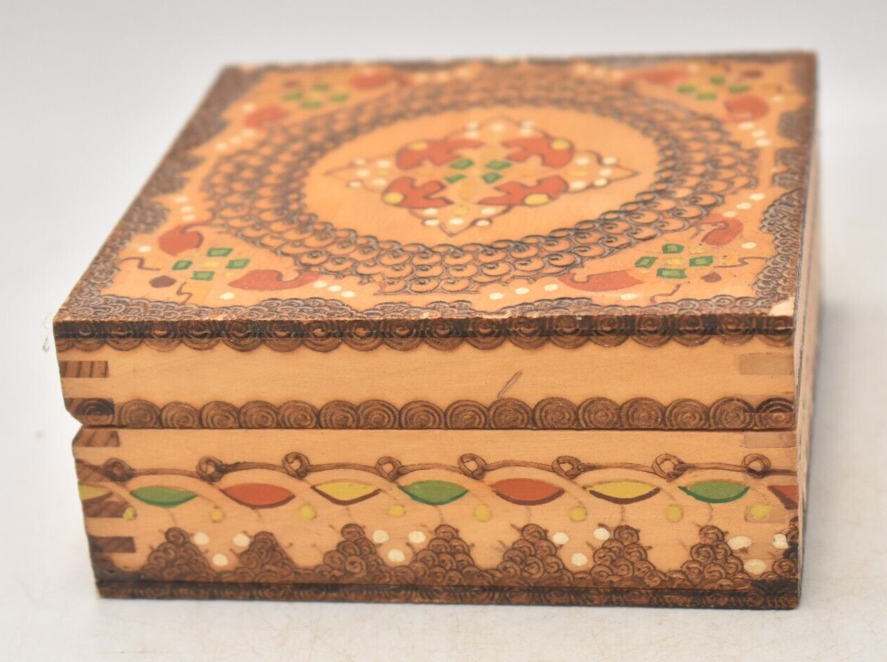 Vintage Bulgarian Hand Painted Pyrographed Jewellery Box, Trinket Box