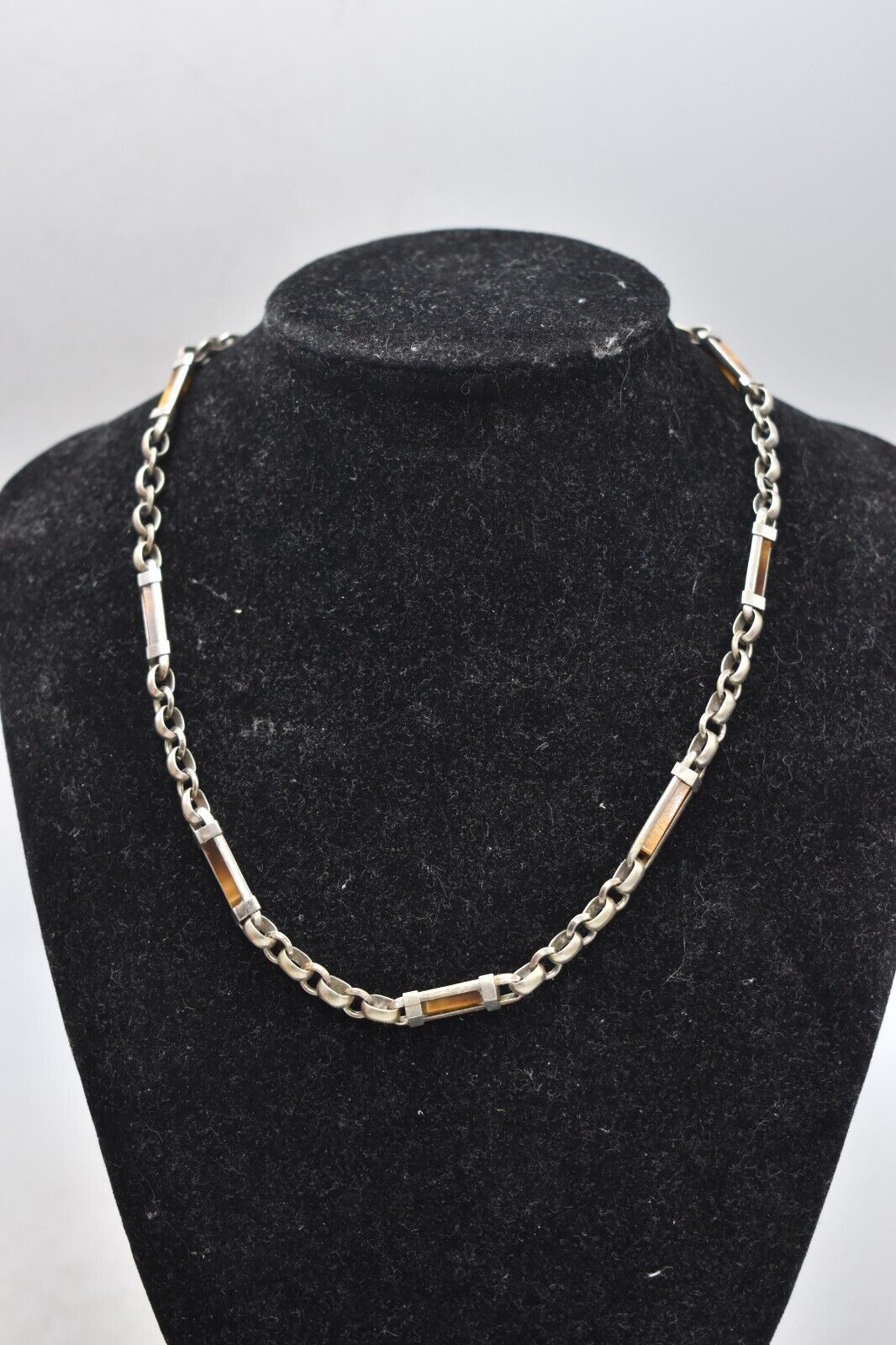 Vintage Sterling Silver Necklace with Tiger Eye Gemstones - 42cm