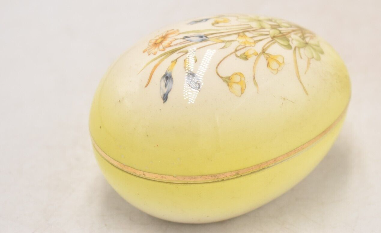 Vintage Faberge Egg Trinket Box Yellow and Gold with Daisy Flowers Ceramic