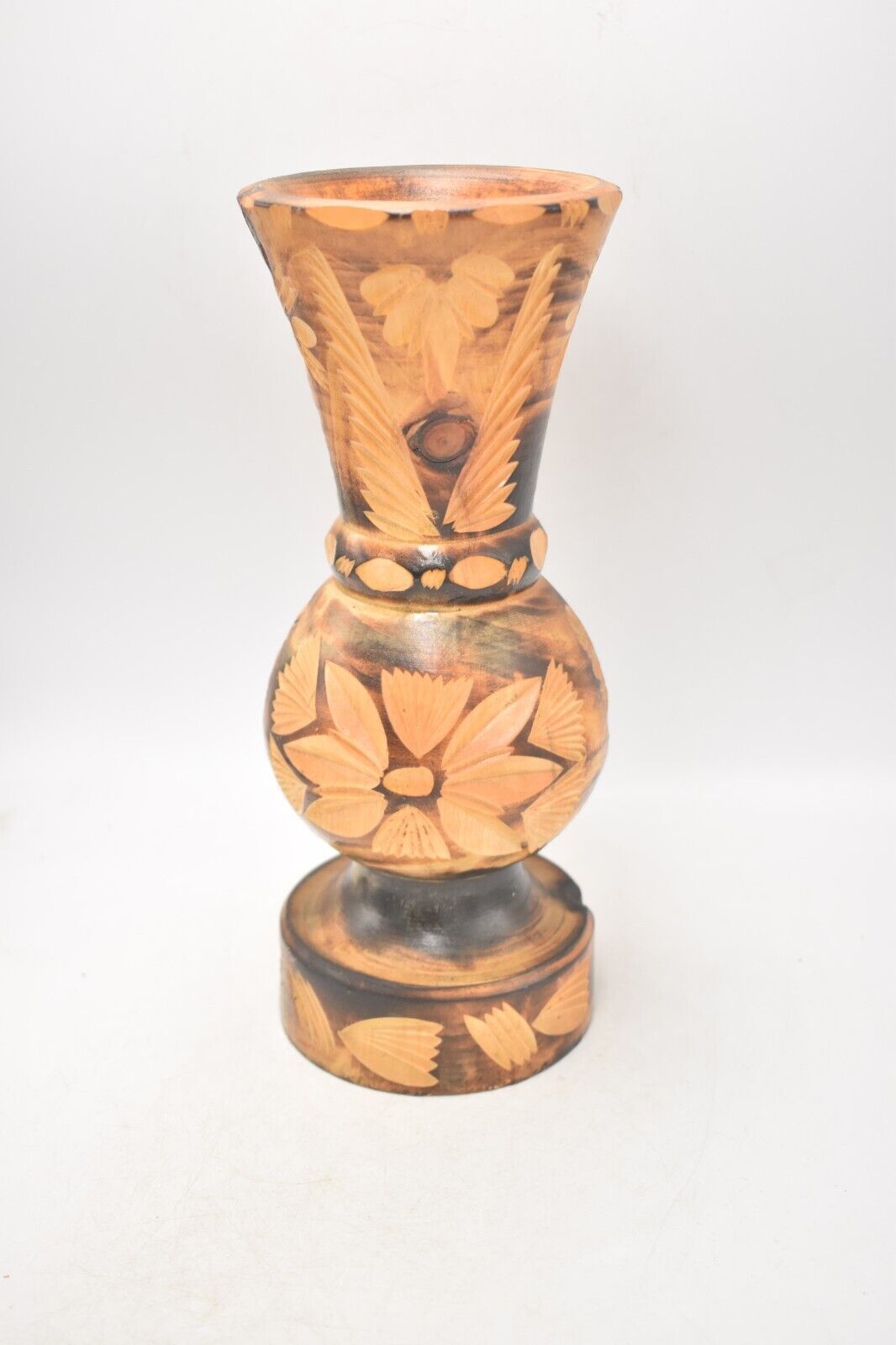 Vintage Wooden Trumpet Vase 25cm Hand Carved Decorative