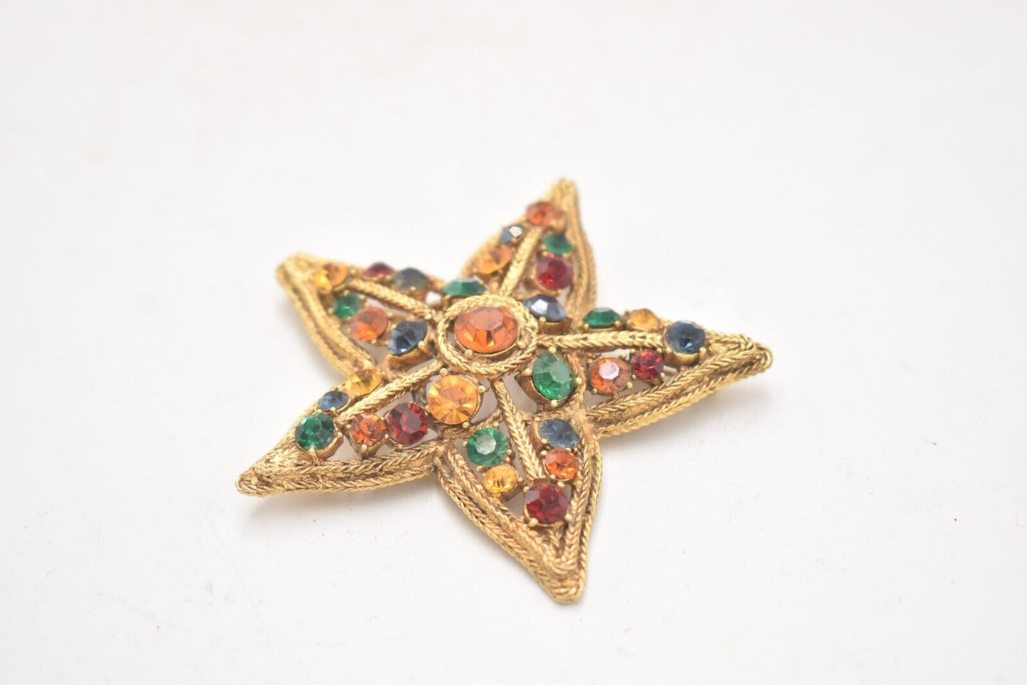 Vintage 1950s La Roco Star Brooch Colourful Jewel Tone Rhinestones Gold tone