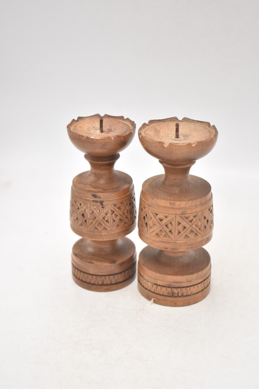 Vintage Rustic Set of 2 Wooden Tealight Holders Handcarved Decorative