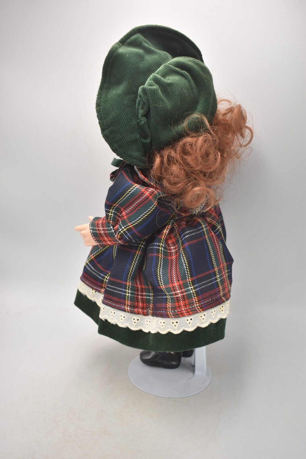 Vintage Porcelain Doll with Ginger Hair, Green Eyes & Tartan Dress (30cm)