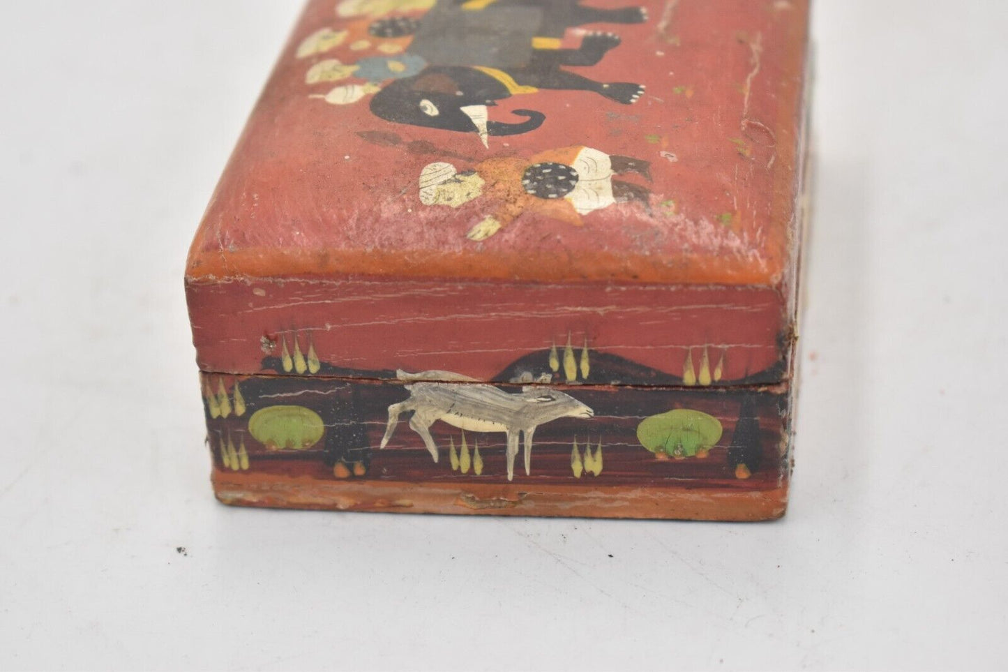 Vintage Handmade Wooden Box with Elephant Scene Storage Box/ Trinket Box