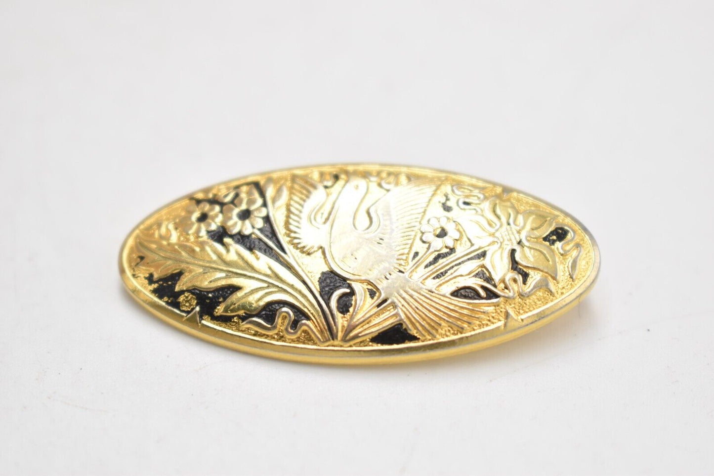 Vintage Gold Tone Phoenix Engraved Oval Brooch - Costume Jewellery