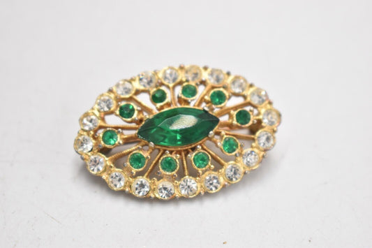 Vintage 1950s Emerald Green & Rhinestone Gold Tone Brooch