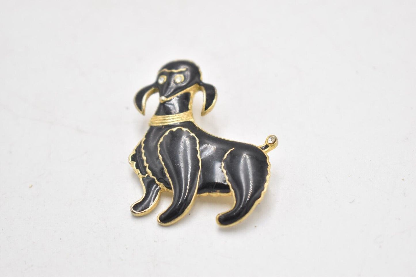 Vintage Black and Gold Tone Poodle Dog Brooch with Rhinestone Eyes