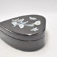 Vintage Black Lacquer Heart Shaped Mother of Pearl Jewellery Box Trinket Box