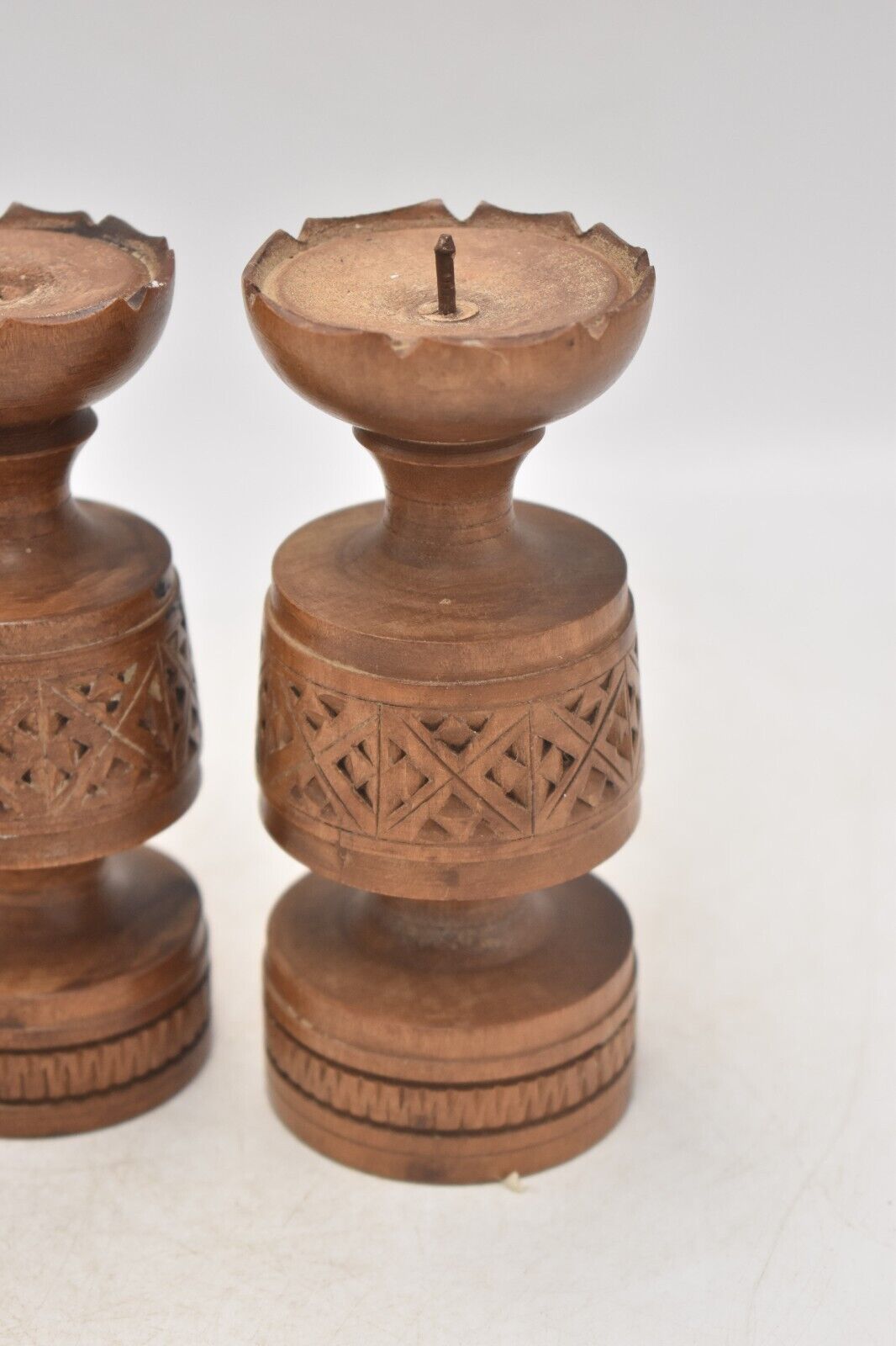 Vintage Rustic Set of 2 Wooden Tealight Holders Handcarved Decorative