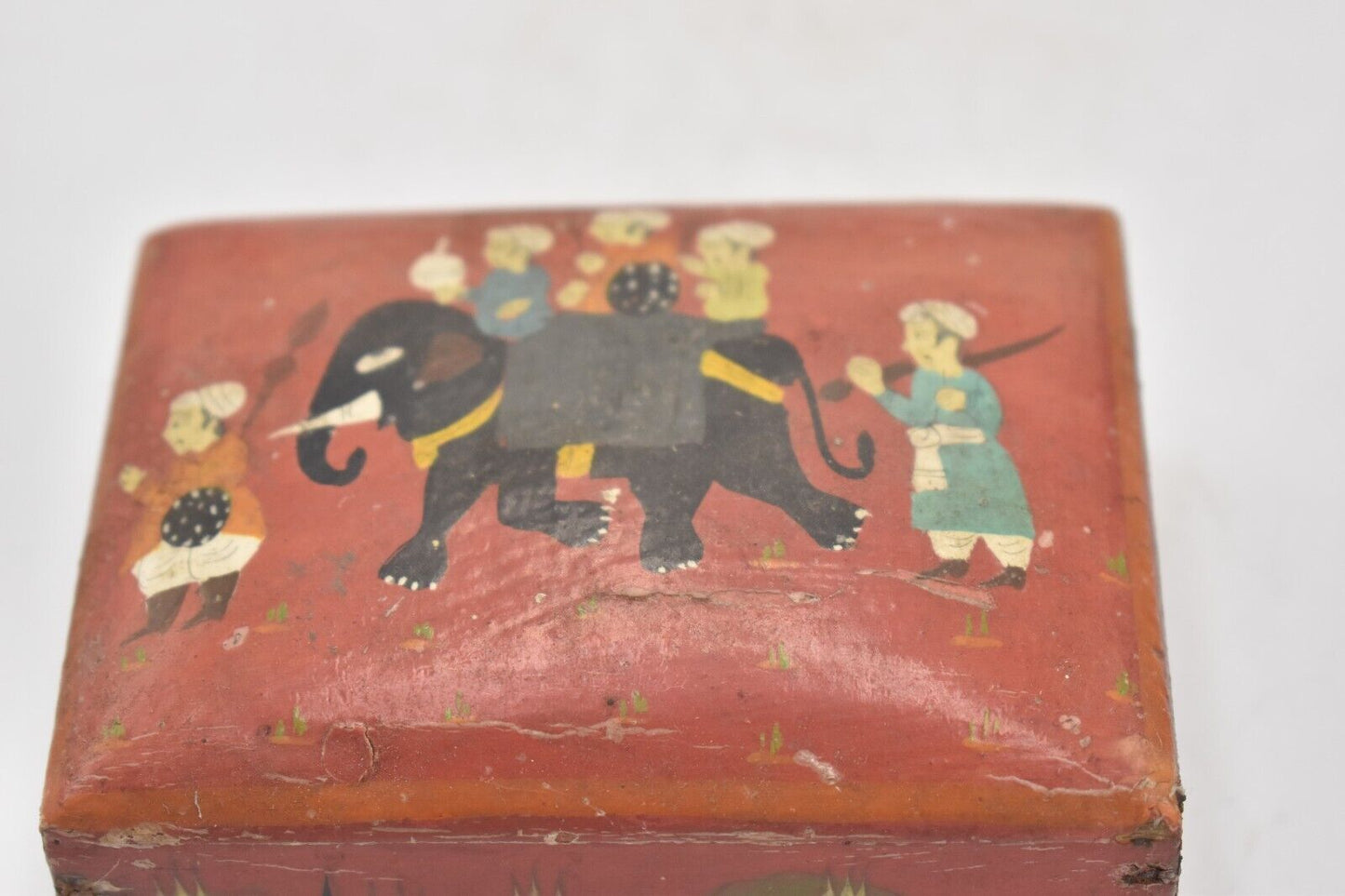 Vintage Handmade Wooden Box with Elephant Scene Storage Box/ Trinket Box