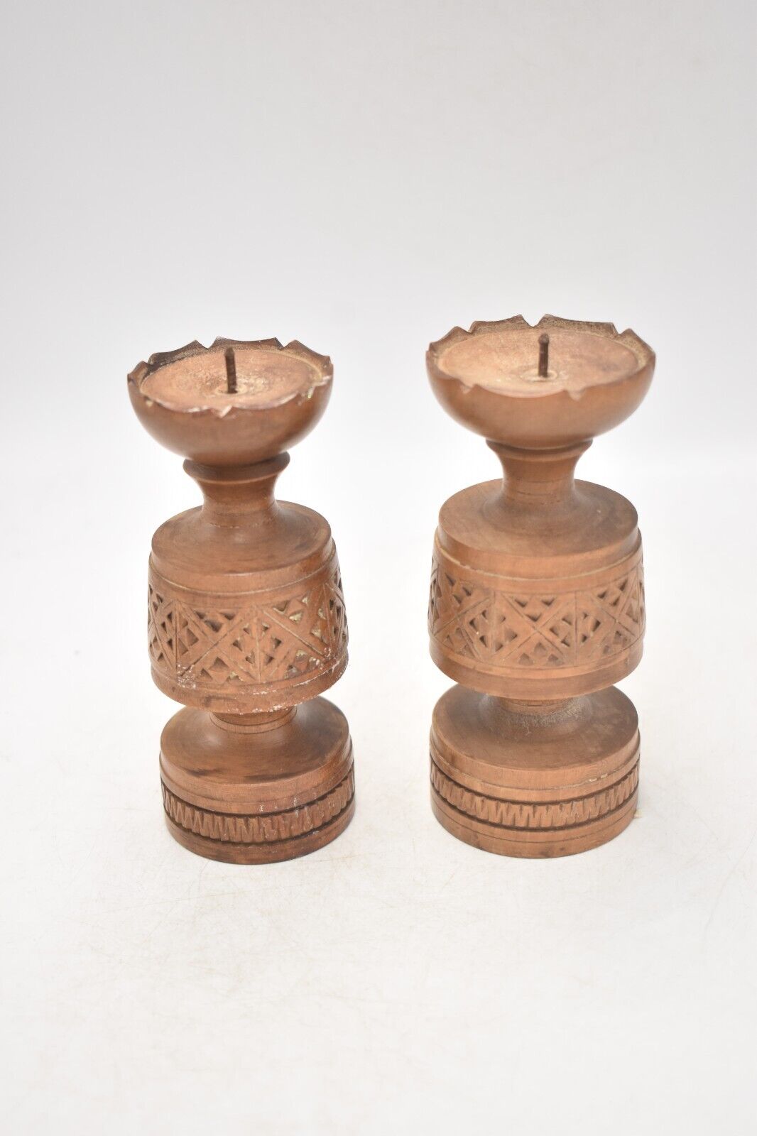 Vintage Rustic Set of 2 Wooden Tealight Holders Handcarved Decorative