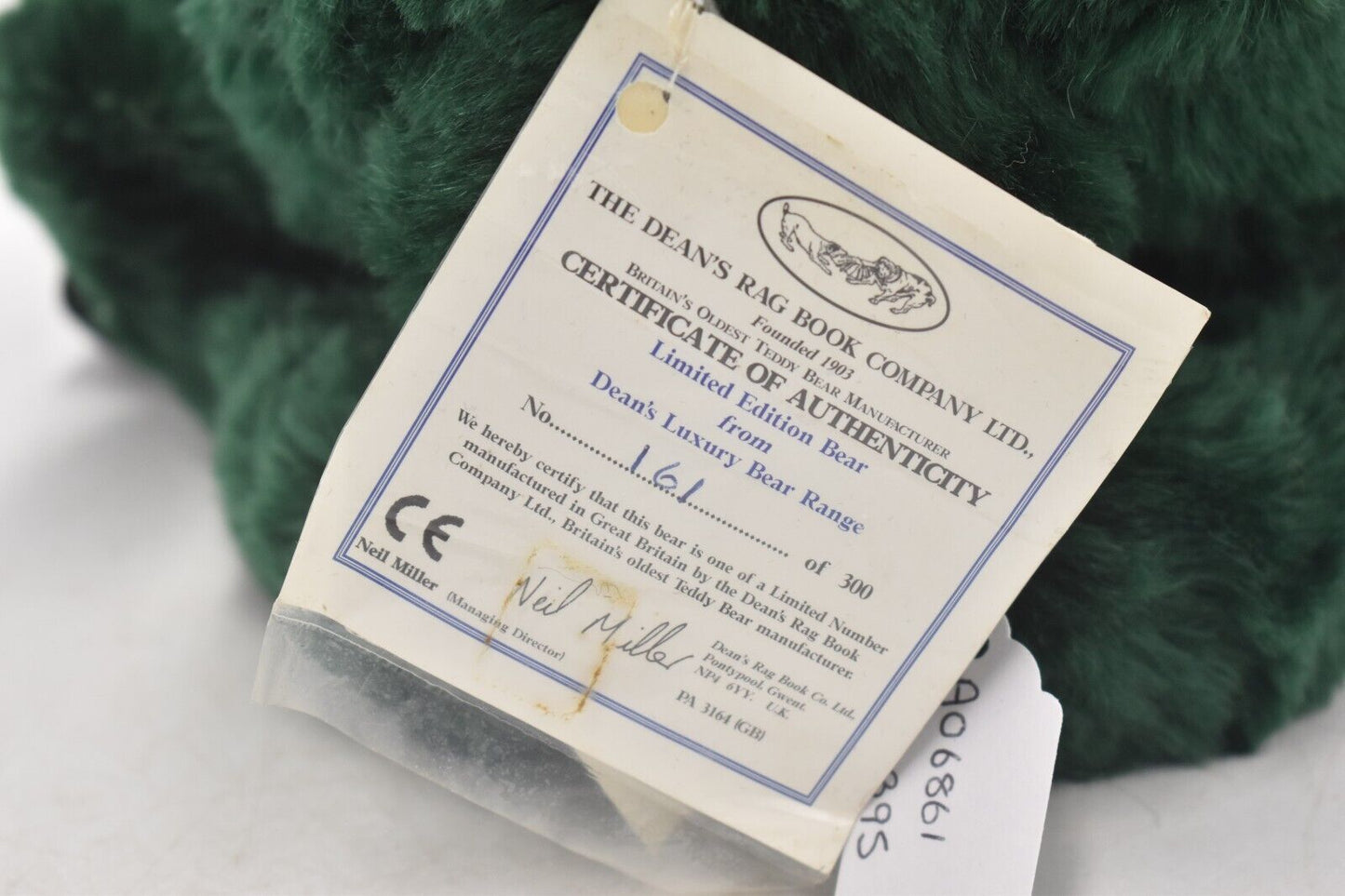 Deans Rag Book Co Luxury Green Mohair Teddy Bear Limited Edition Retired & Tags