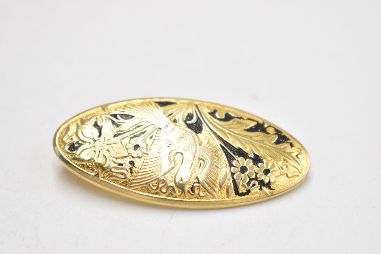 Vintage Gold Tone Phoenix Engraved Oval Brooch - Costume Jewellery