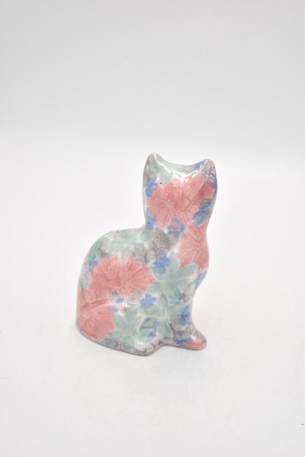 Park Rose Ceramic Cat Ornament Bridlington Pottery Blue Green Pink Floral