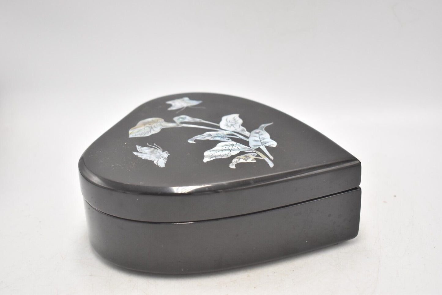 Vintage Black Lacquer Heart Shaped Mother of Pearl Jewellery Box Trinket Box