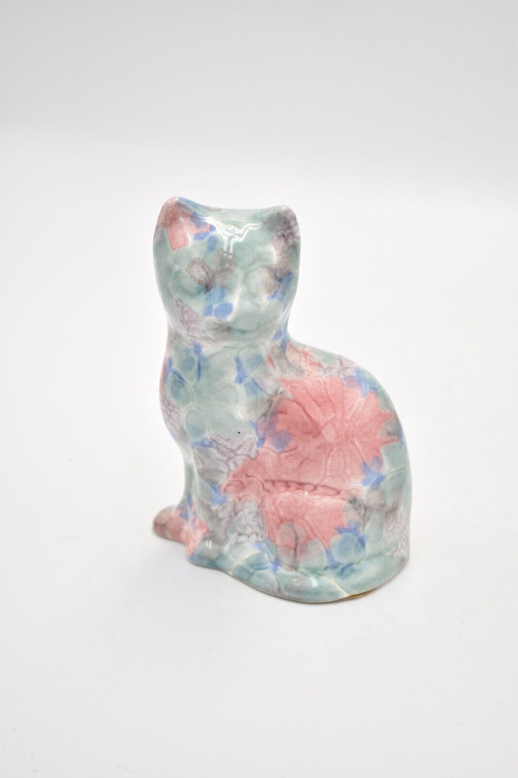 Park Rose Ceramic Cat Ornament Bridlington Pottery Blue Green Pink Floral