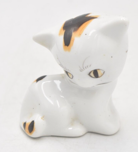 Vintage Ceramic White, Black & Yellow Cat Figurine Statue Ornament Hand Painted