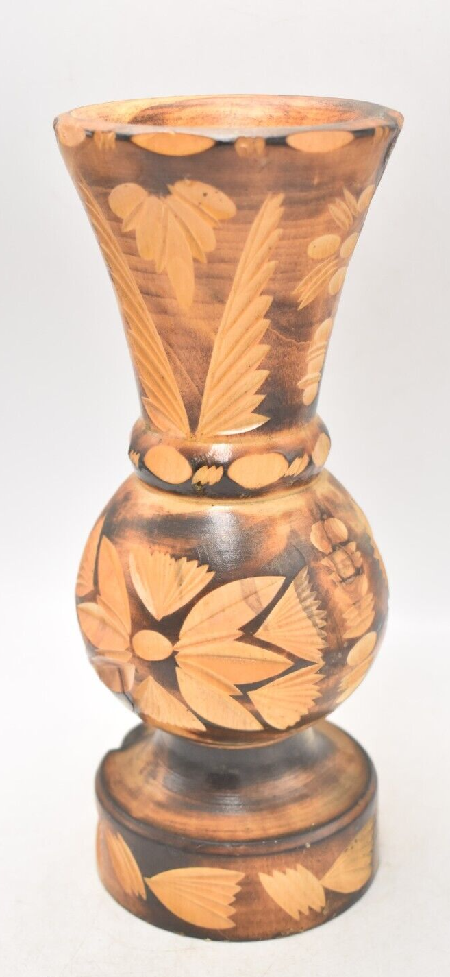 Vintage Wooden Trumpet Vase 25cm Hand Carved Decorative