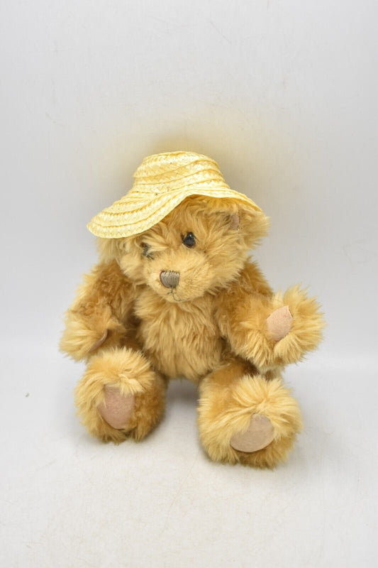 Vintage Plush Teddy Bear with Straw Hat - Retired, 16cm