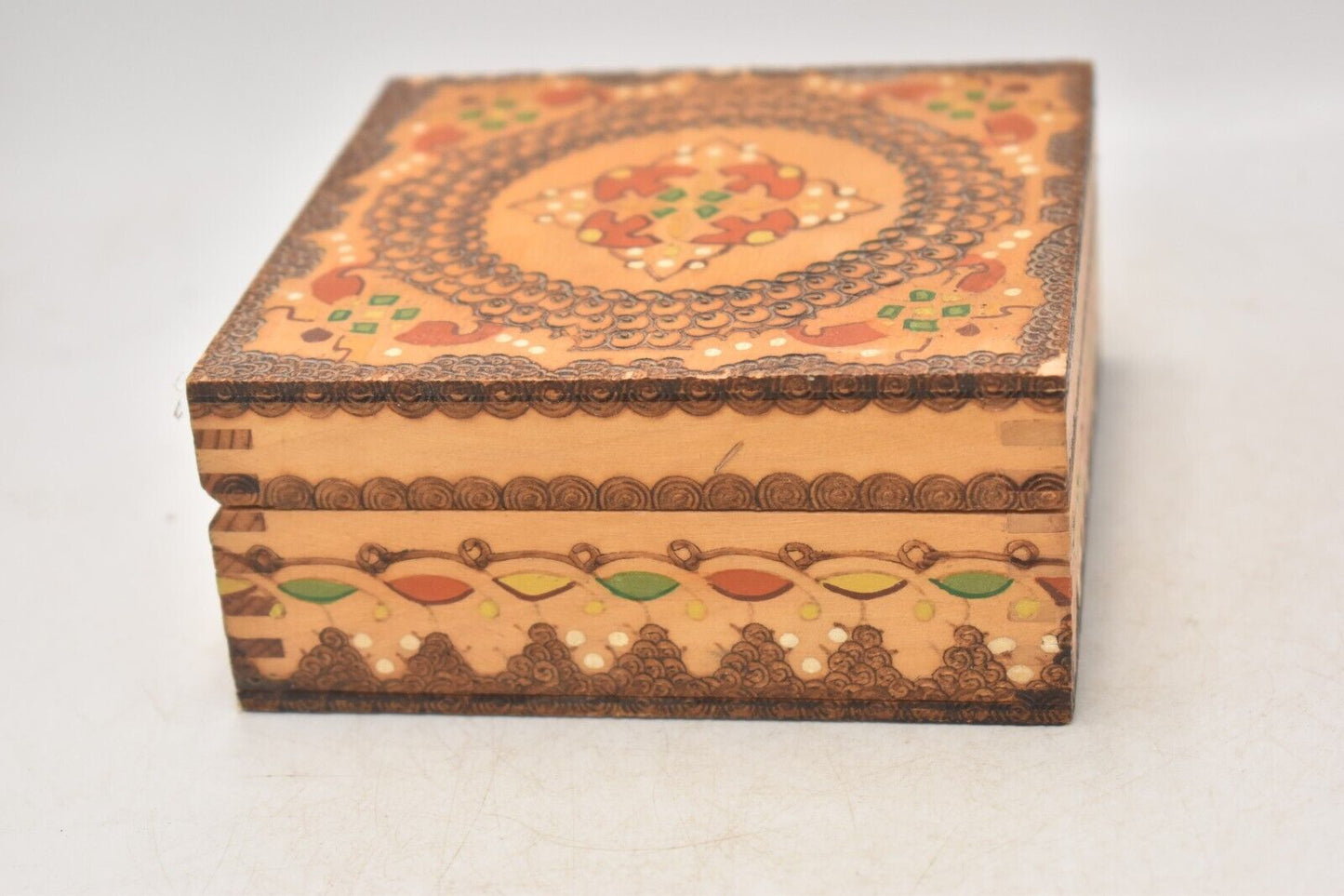 Vintage Bulgarian Hand Painted Pyrographed Jewellery Box, Trinket Box