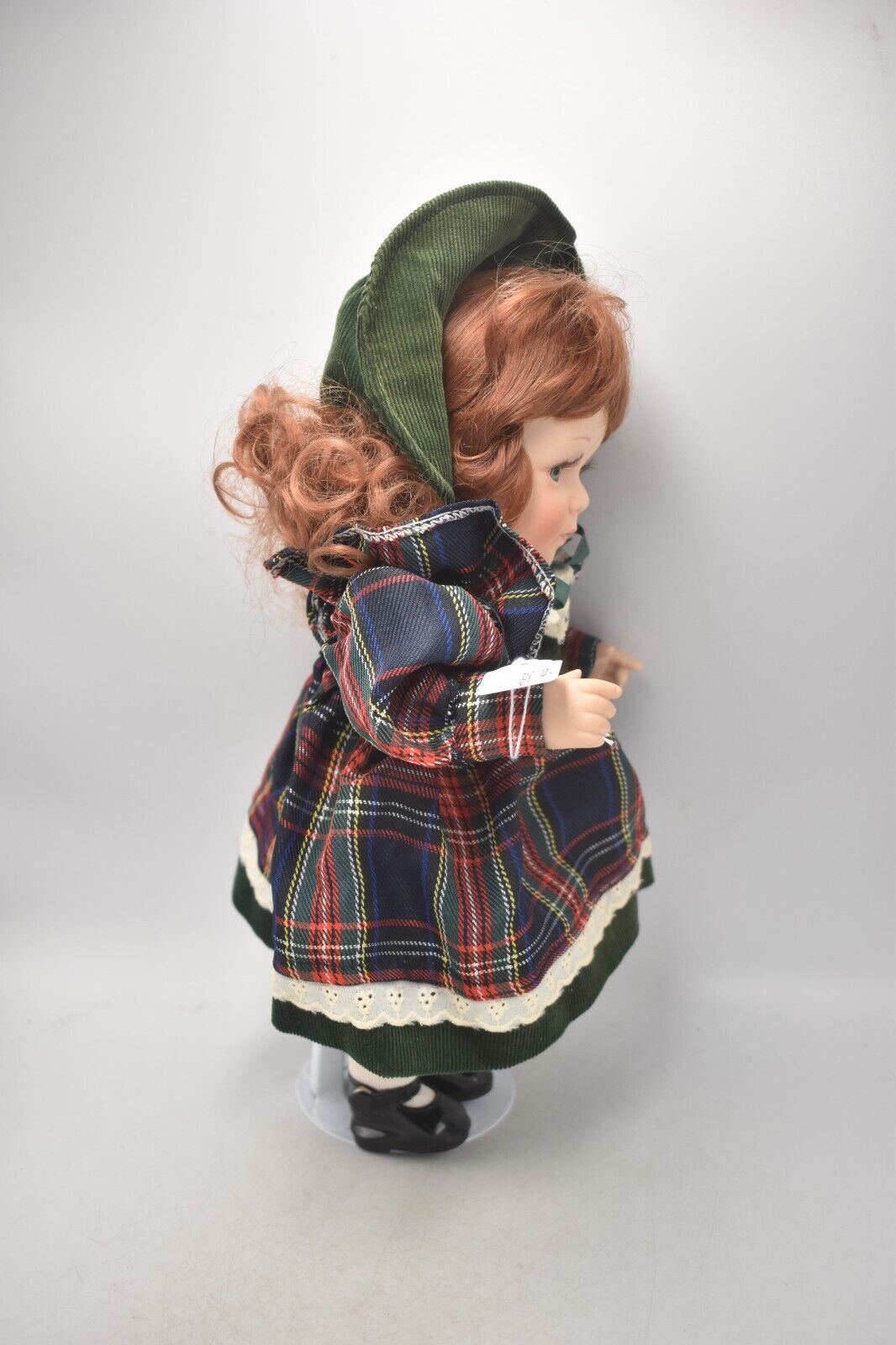 Vintage Porcelain Doll with Ginger Hair, Green Eyes & Tartan Dress (30cm)