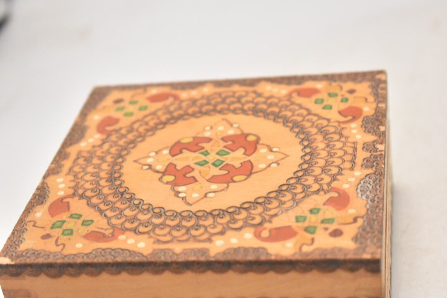 Vintage Bulgarian Hand Painted Pyrographed Jewellery Box, Trinket Box