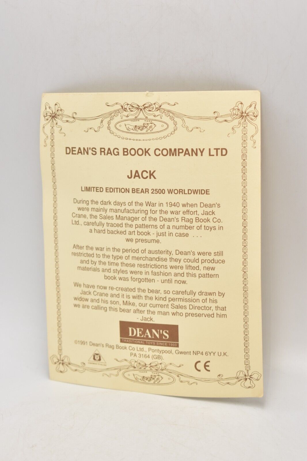 Deans Rag Book Co Jack Teddy Bear Growler Limited Edition Retired